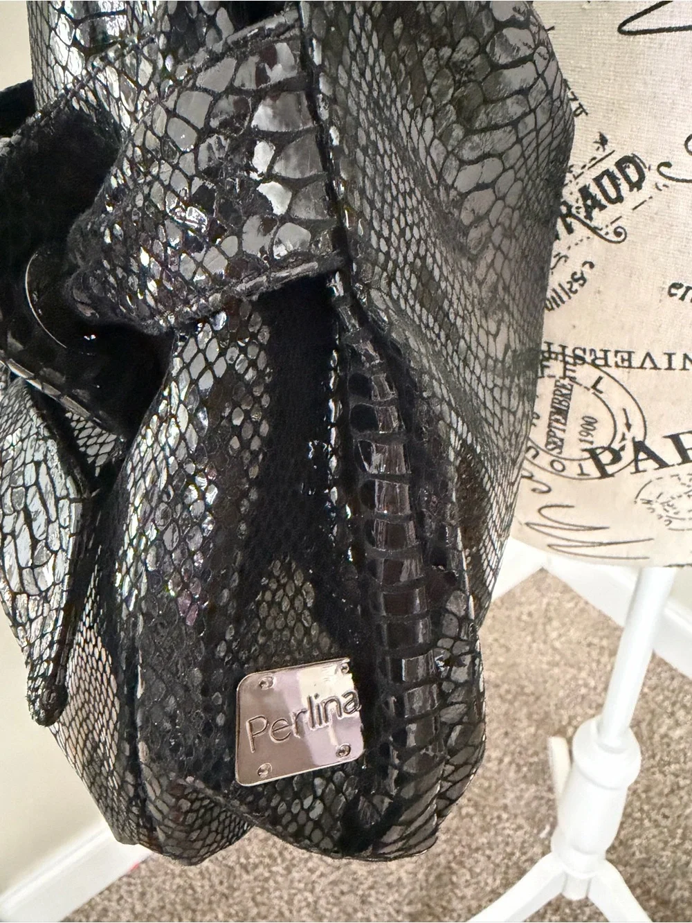 Perlina Black Snakeskin embossed patent leather Bow Shoulder Bag